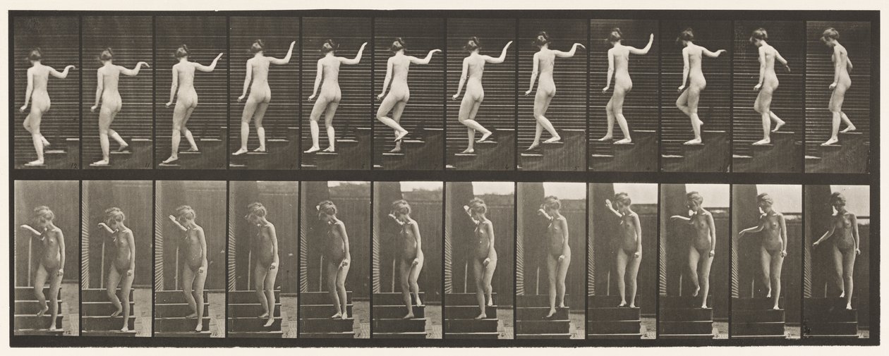 132. tábla. Lemenő lépcsők, körbefordulás és integető kéz alkotó: Eadweard Muybridge