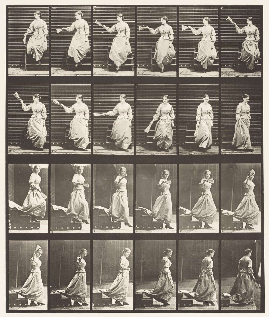 140. tábla. Lefelé tartó lépcsők körülnézve és integető ventilátorral alkotó: Eadweard Muybridge