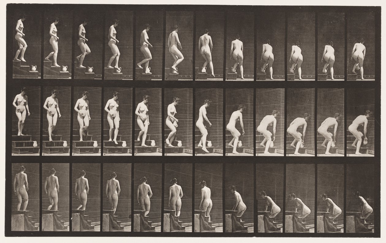 149. tábla. Leszálló lépcsők; Lehajolva, hogy felemeljen egy kancsót, 1872-1885 alkotó: Eadweard Muybridge