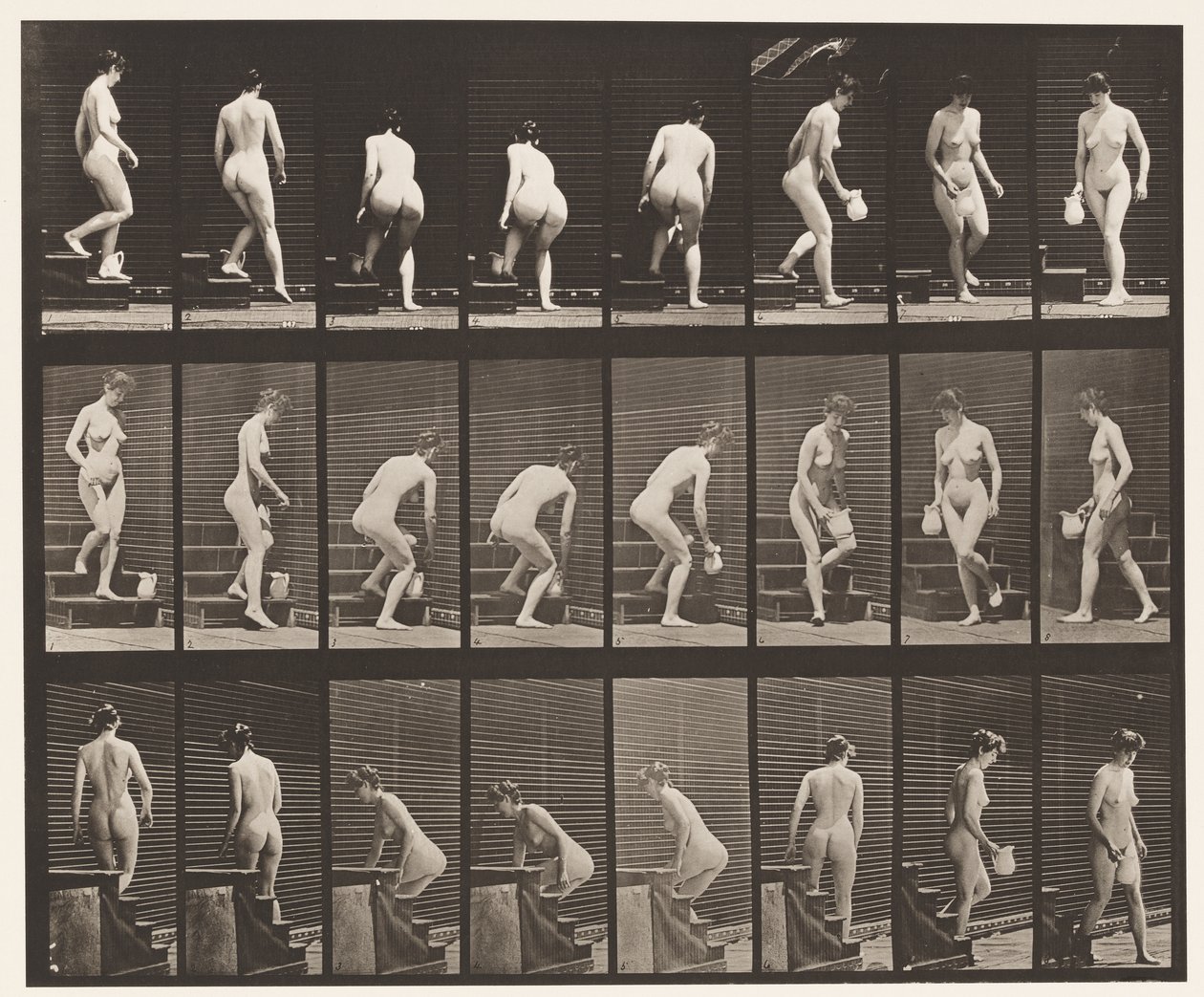150. tábla. Leszálló lépcsők; Hajló, emelő kancsó, esztergálás, 1872-1885 alkotó: Eadweard Muybridge