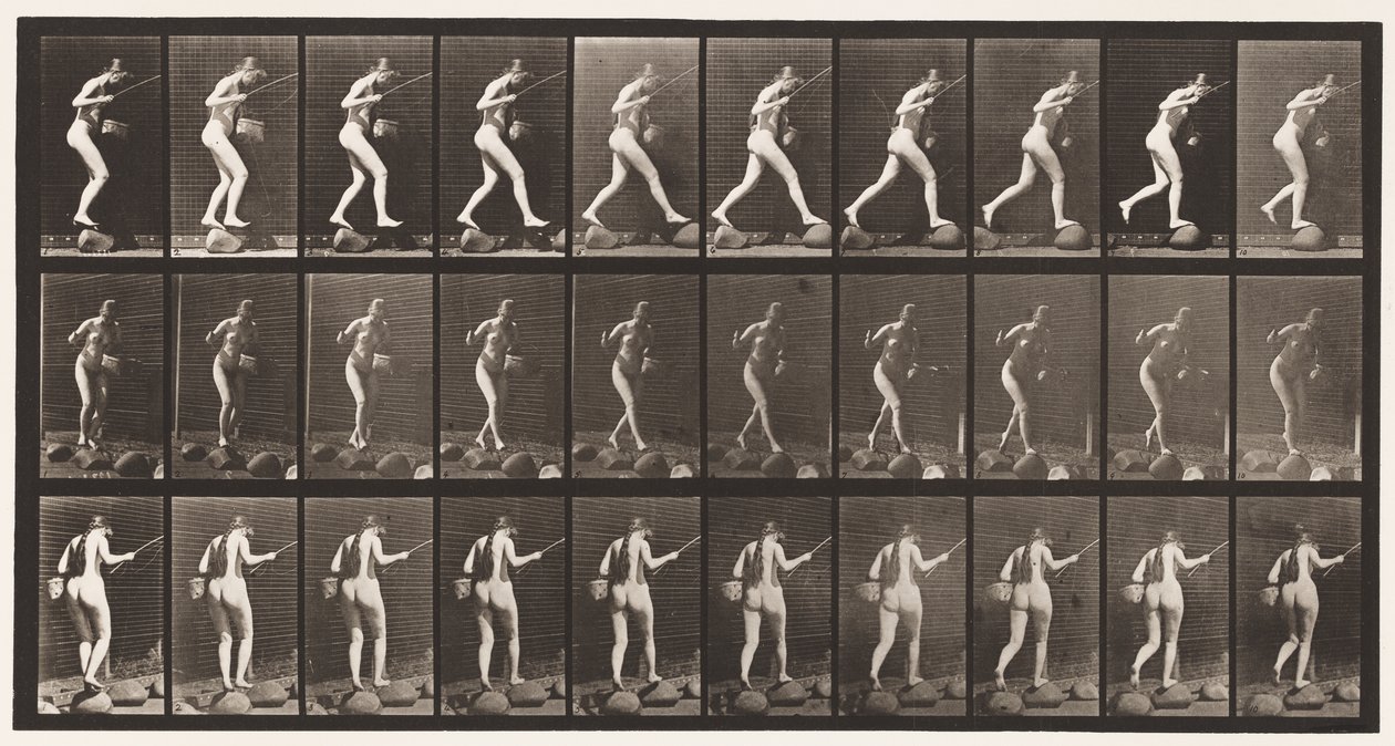 176. tábla. Átkelés a patakon lépcsőkövön horgászbottal és kosárral alkotó: Eadweard Muybridge