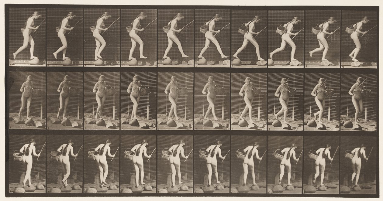 177. tábla. Átkelés a patakon lépcsőkövön horgászbottal és kosárral alkotó: Eadweard Muybridge
