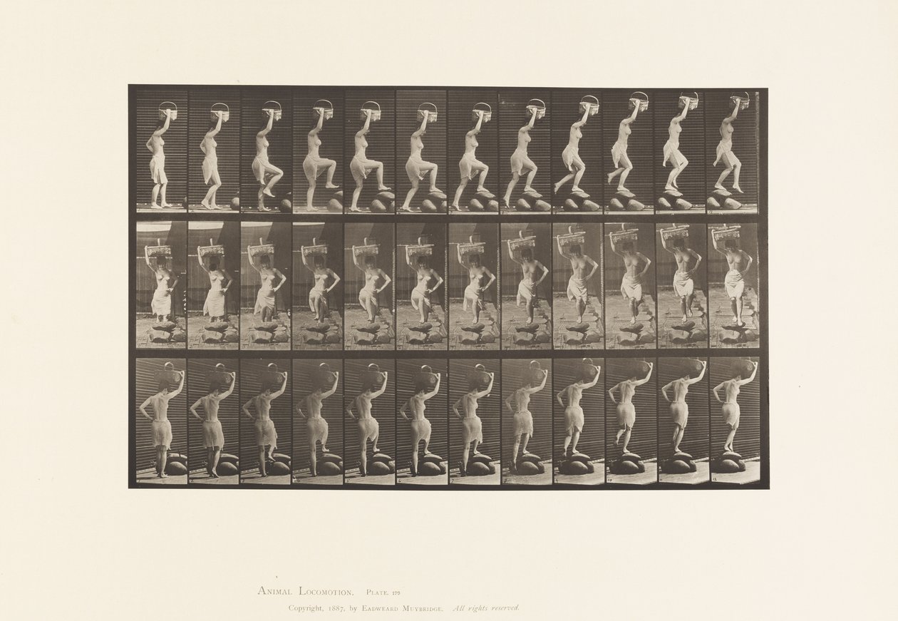 179. tányér. Egy sziklára lépve, egy kosár fején alkotó: Eadweard Muybridge