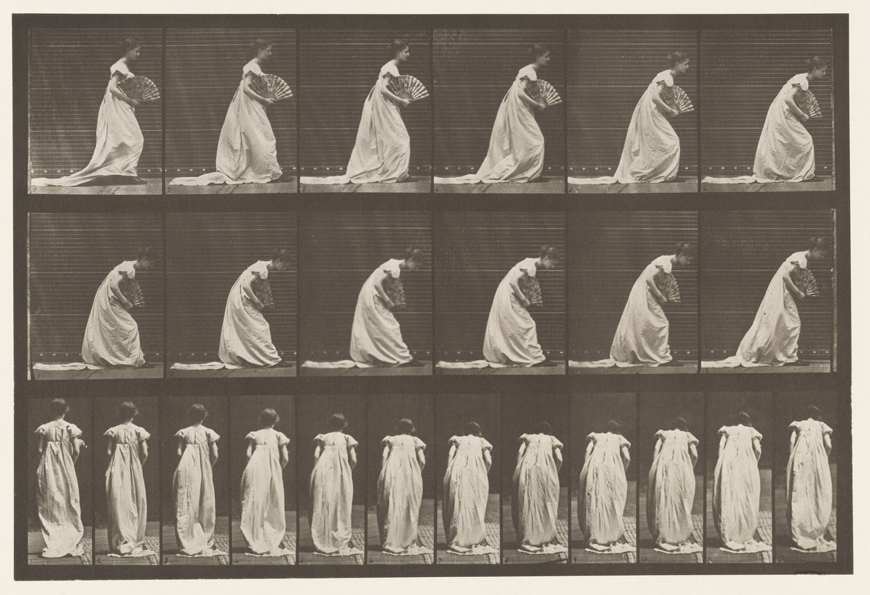199. tábla. Udvarozás, Legyező jobb kézben, 1885 alkotó: Eadweard Muybridge