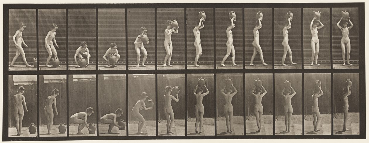 222-es tányér. Lehajlás és vízesedény felemelése a fejhez és forgatás alkotó: Eadweard Muybridge