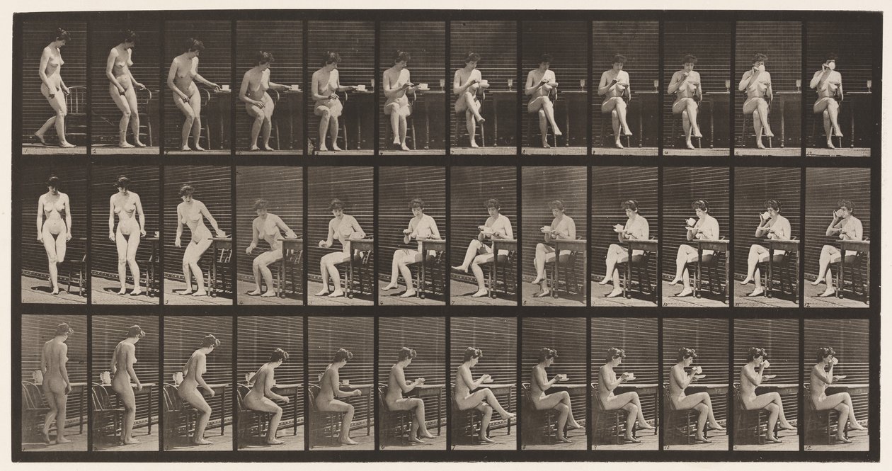 238. tányér. Széken ülve, keresztbe tett lábakkal, teáscsészéből iszik alkotó: Eadweard Muybridge