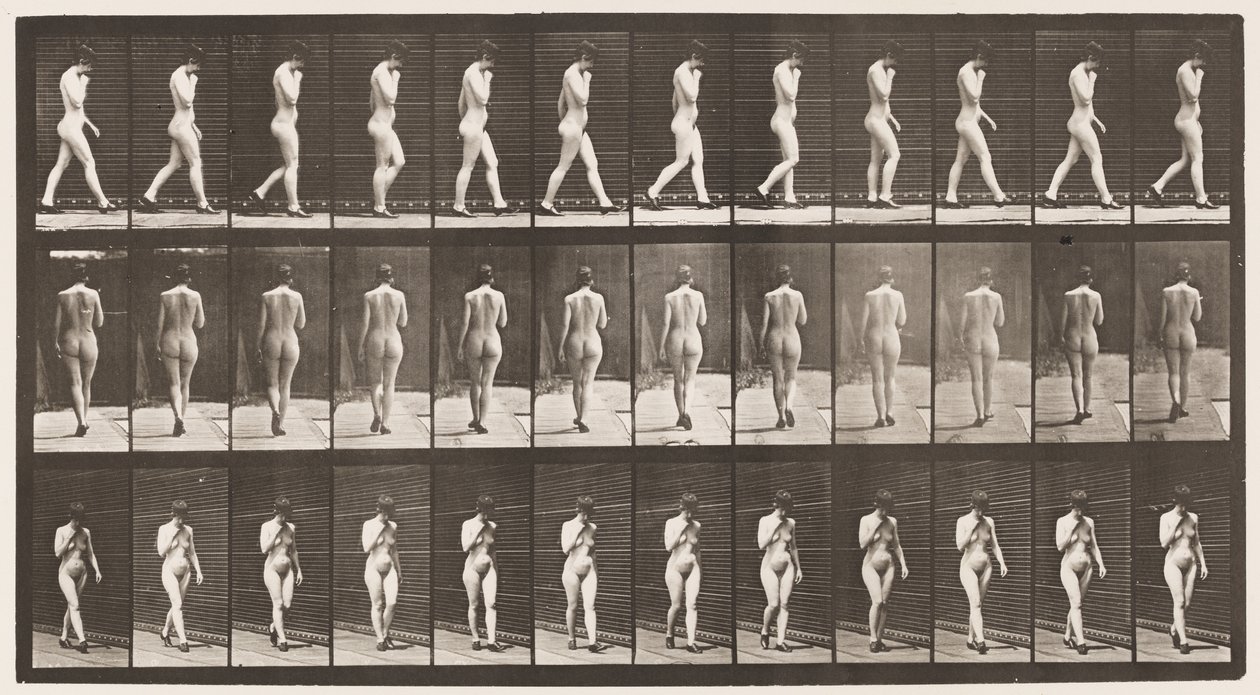 23. tábla. Járás, jobb kéz az állnál, magas sarkú cipő rajta alkotó: Eadweard Muybridge