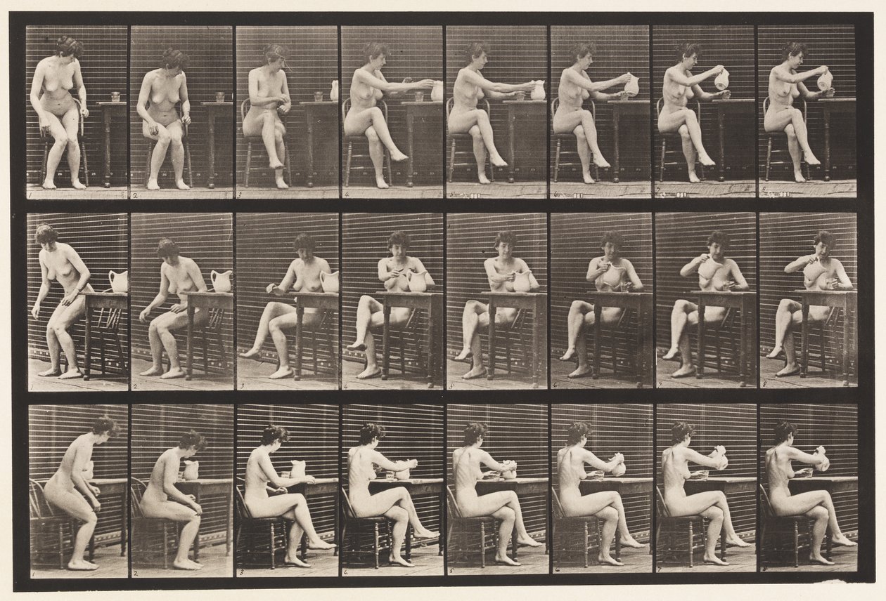 244. tányér. Ülő, keresztbe tett lábak, töltő serleg a kancsóból alkotó: Eadweard Muybridge