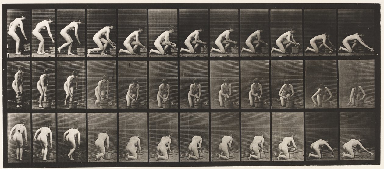 252. tábla. Térdelés a jobb térden és a padló súrolása, 1872-1885 alkotó: Eadweard Muybridge