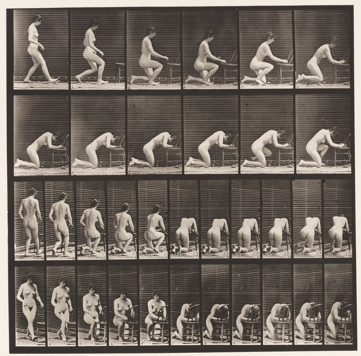 254. tábla. Térdelés, könyök a széken, összekulcsolt kezek alkotó: Eadweard Muybridge