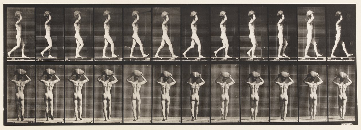 27. tábla. Séta, 70 lb. kő szállítása a fején, felemelt kezek alkotó: Eadweard Muybridge