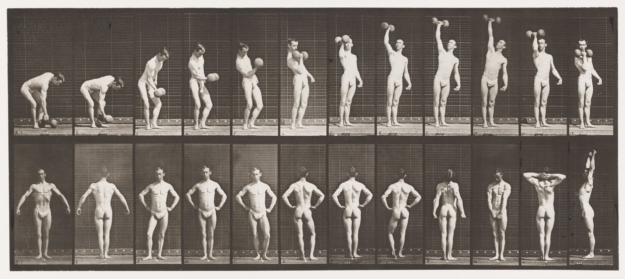 321. tábla A, 50 font súlyú súlyzó felemelése; B, Póz alkotó: Eadweard Muybridge