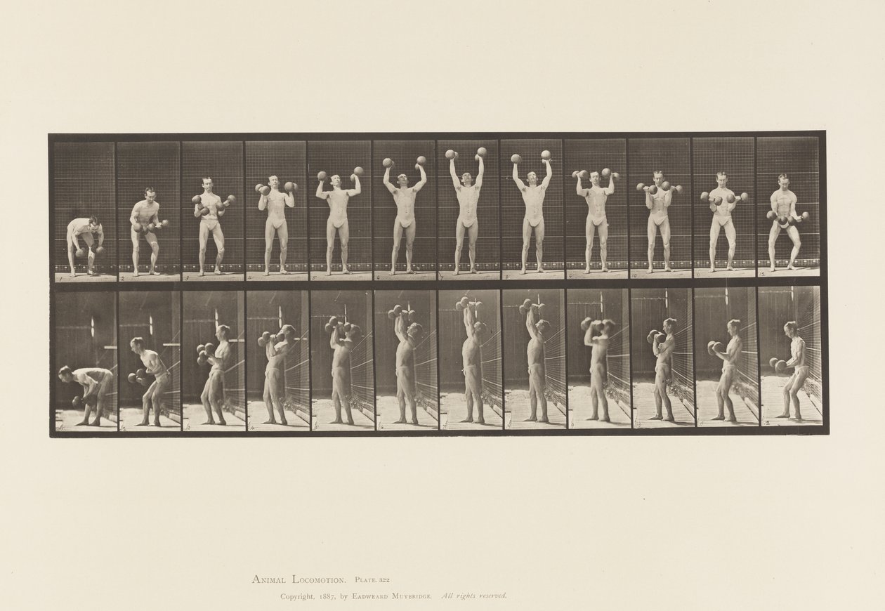 322. tányér. Súlyzót emelő ember alkotó: Eadweard Muybridge
