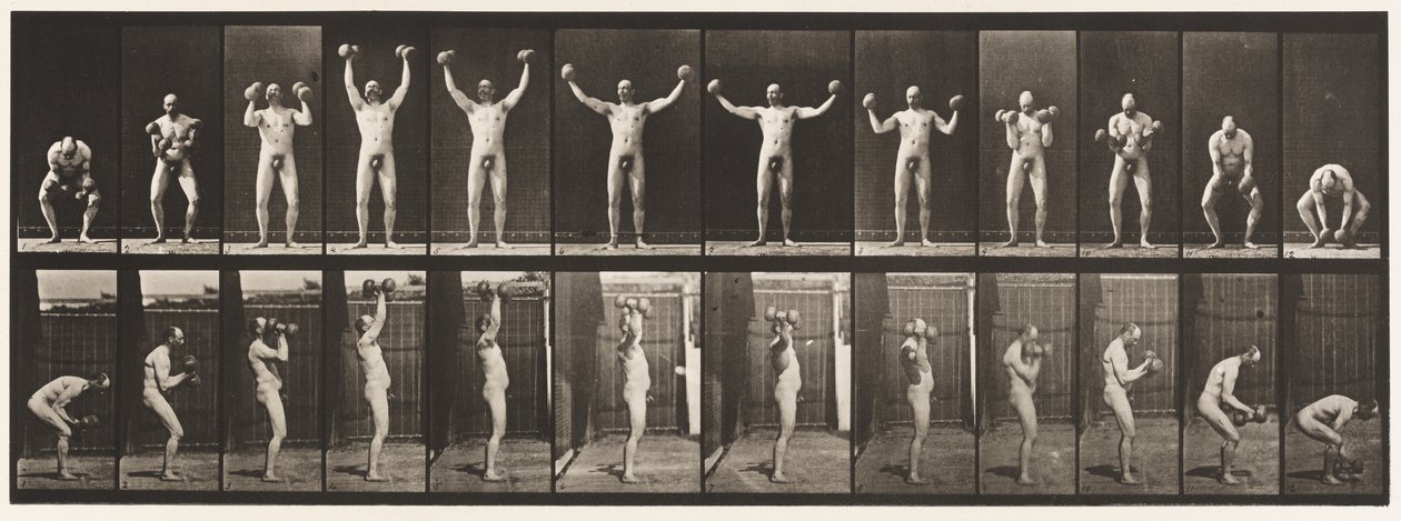 325-ös tányér. Kettő emelése és tartása 50 lb. Súlyos harangok, 1885 alkotó: Eadweard Muybridge