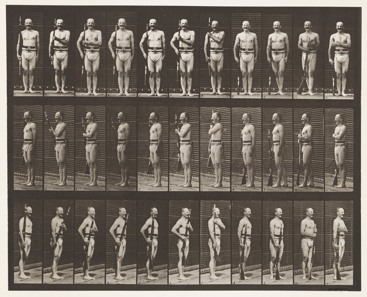 354. tábla. Fegyverhordozó, felvonulási pihenő és nyomkarok alkotó: Eadweard Muybridge