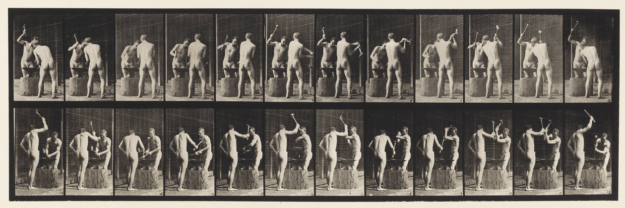 375. tábla. Kovácsok, két modell, kalapácsozás üllőn alkotó: Eadweard Muybridge