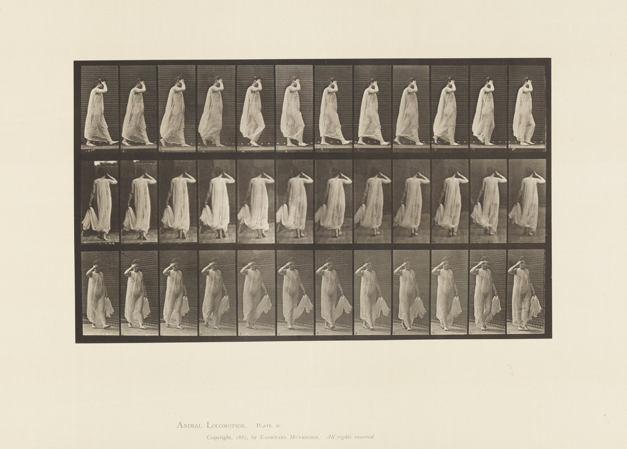 37. tábla. Sétáló, bal kézzel tartó ruha, jobb kéz az arcnál, 1872-1885 alkotó: Eadweard Muybridge