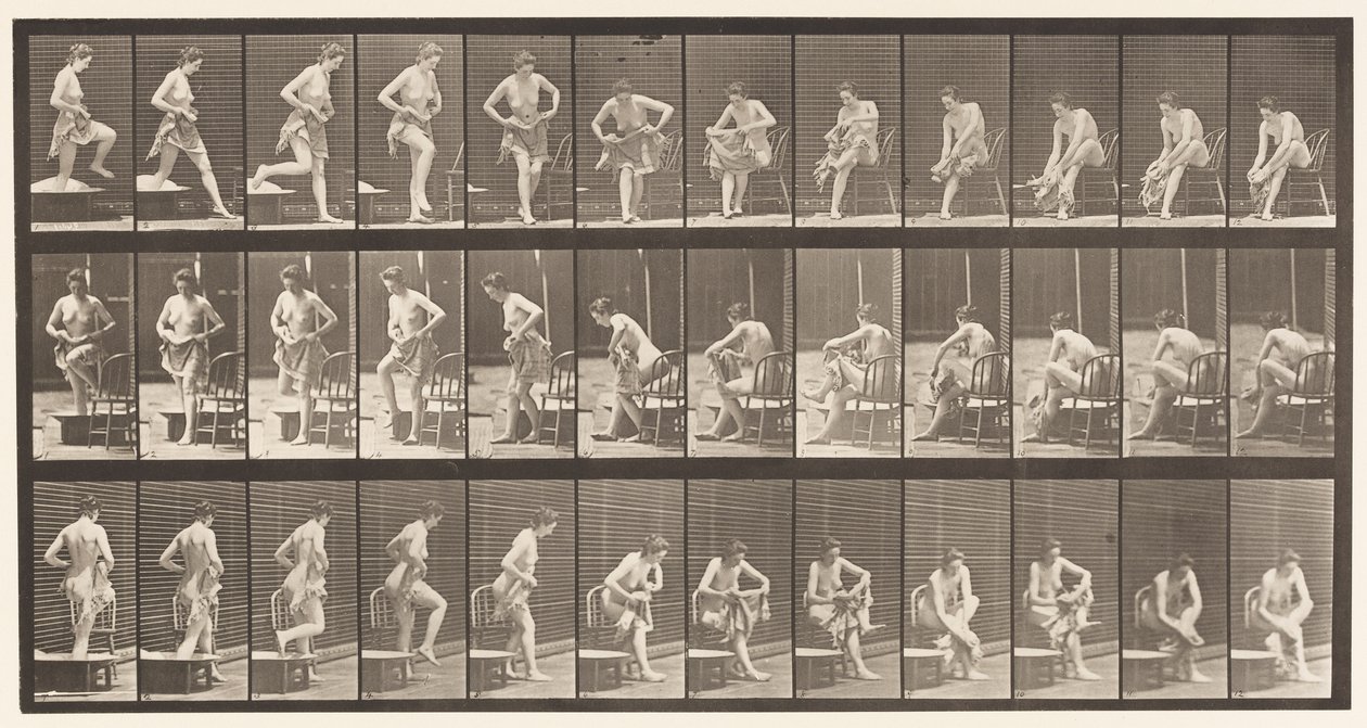 410. tányér. Kilépés a fürdőkádból, leülés, lábtörlés alkotó: Eadweard Muybridge