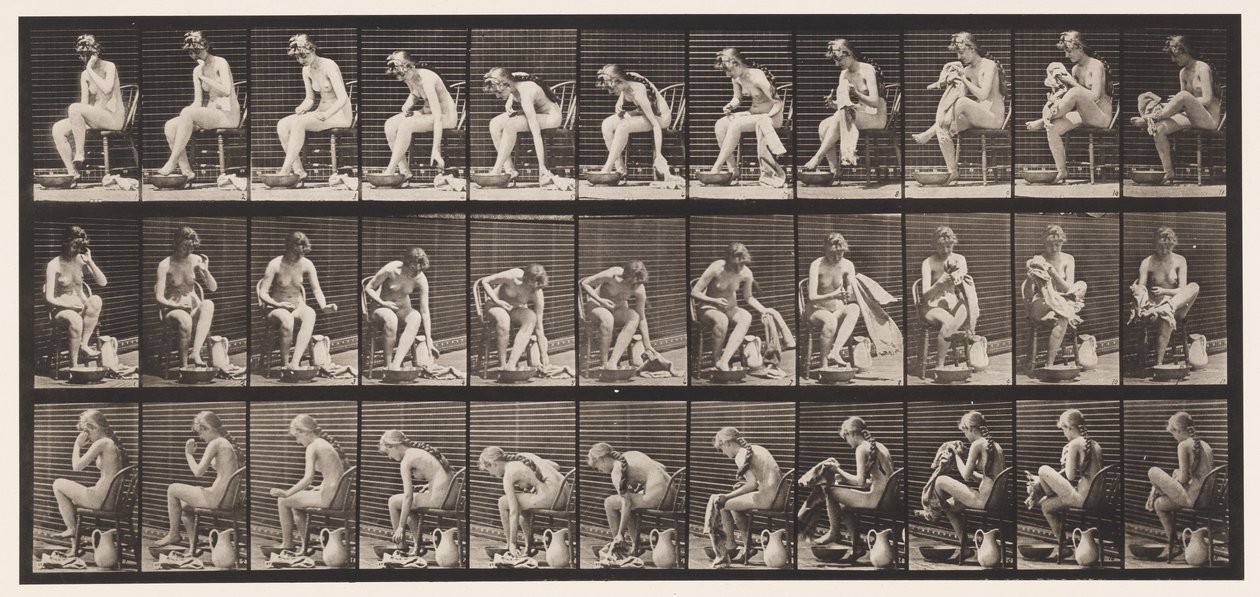 411. tábla. Törülköző felemelése ülve és lábtörlése, 1872-1885 alkotó: Eadweard Muybridge