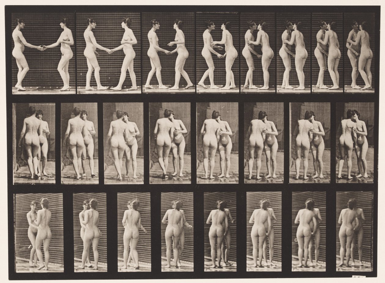 444-es tábla. Két modell kezet fog és csókol egymásnak alkotó: Eadweard Muybridge