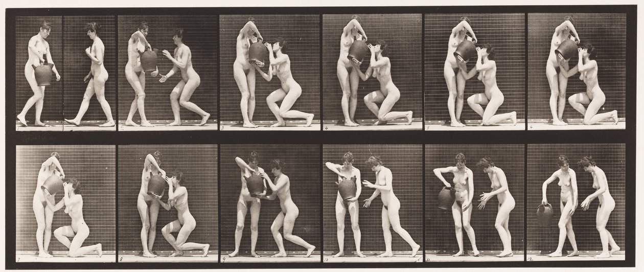 452. tányér. Két makett, 8 térdelő, Italok vizeskorsóból a kezekben, 1872-1885 alkotó: Eadweard Muybridge