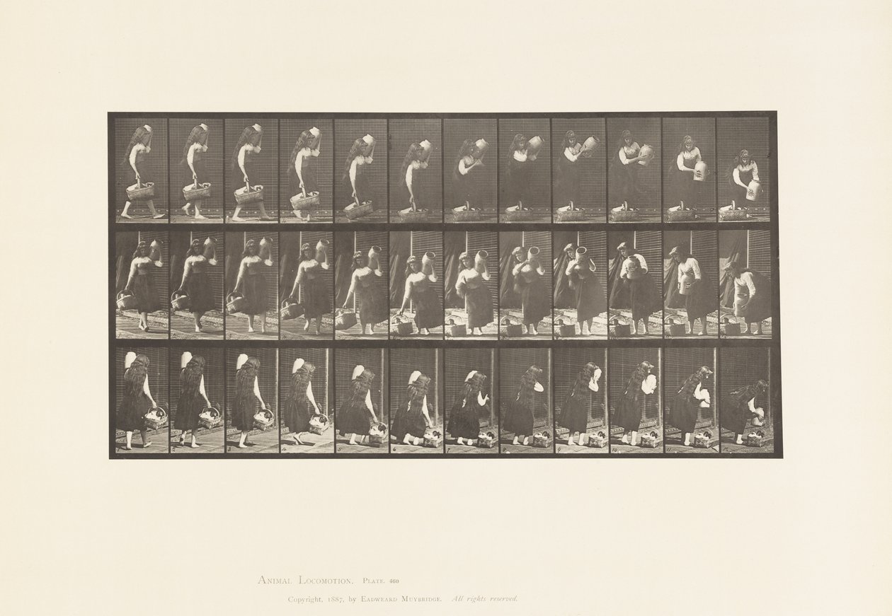 460. tányér. Korsót a vállán és a kosárt a kezében hordozó, 1885 alkotó: Eadweard Muybridge