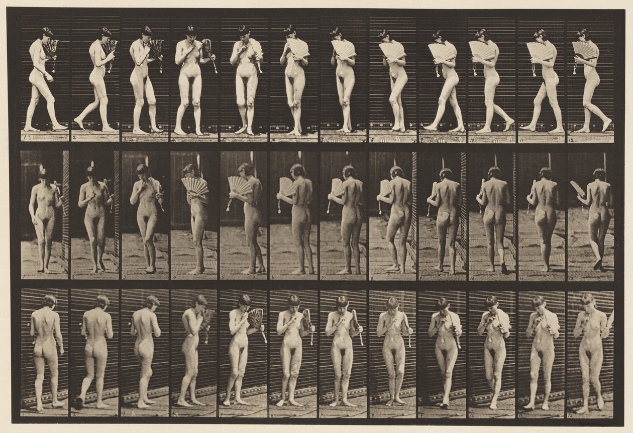 46. tányér. Séta, legyező flörtölése és megfordulás alkotó: Eadweard Muybridge