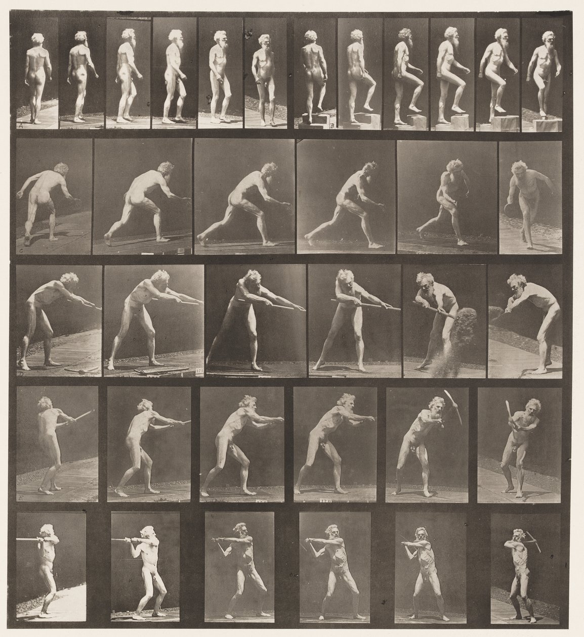 tábla 521. A, Séta; B, növekvő lépcsőfok; C, dobókorong alkotó: Eadweard Muybridge