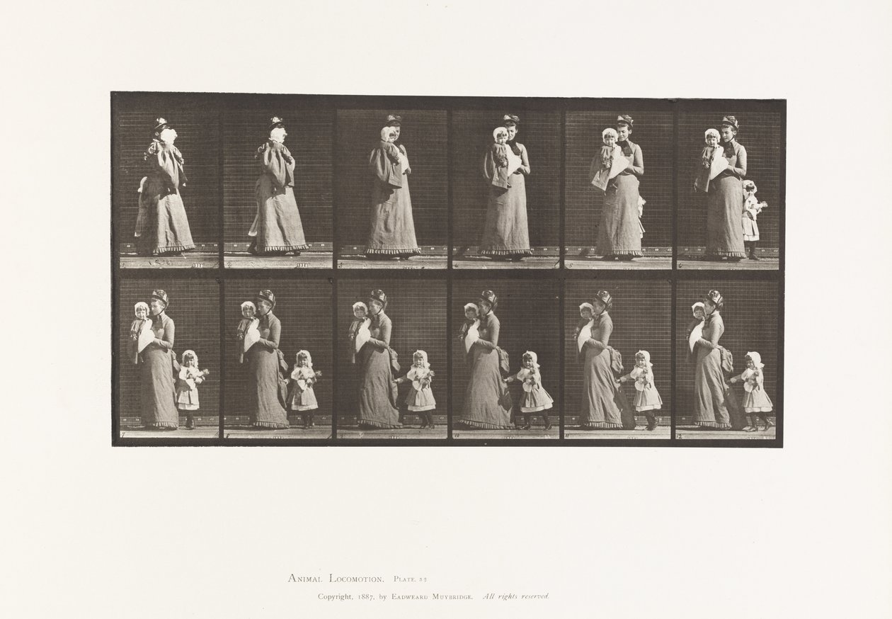 52. tábla. Járó hordozó gyermek, megfordulás; egy másik gyerek (70), aki a 9-es ruhát tartja alkotó: Eadweard Muybridge
