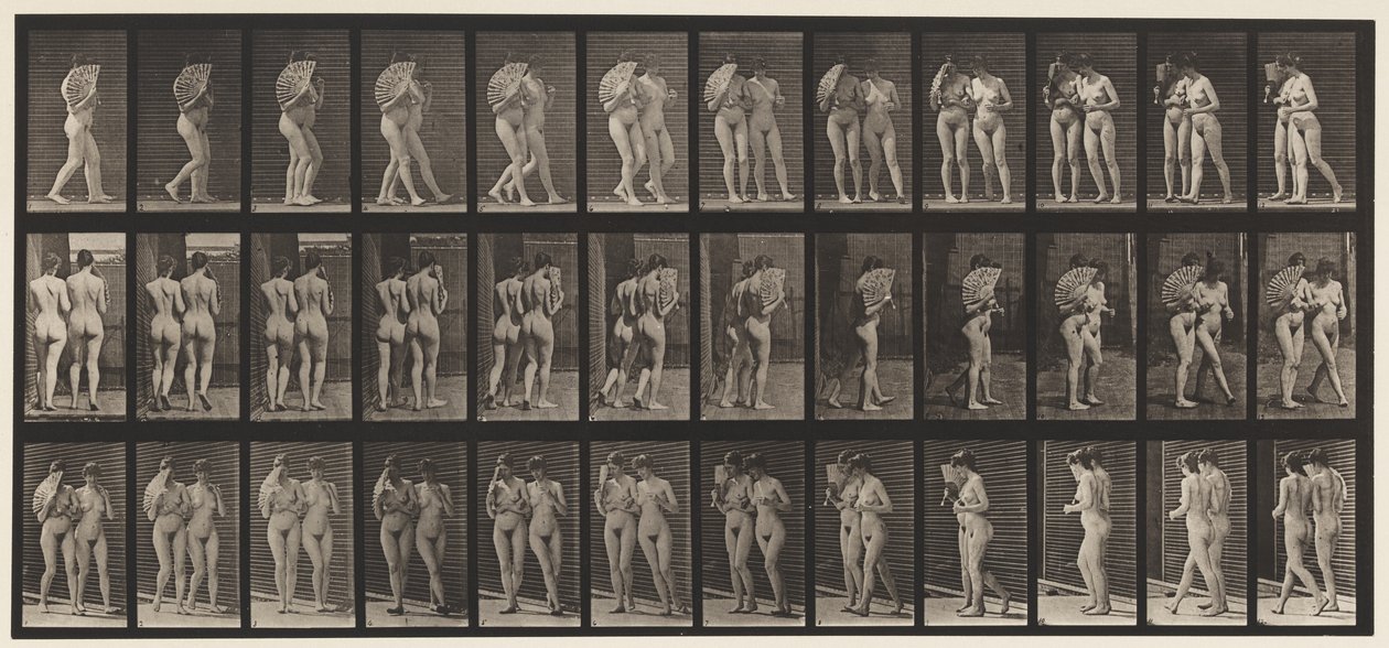 54. tábla. Séta, két modell/egy legyező flörtöl, kart karban alkotó: Eadweard Muybridge