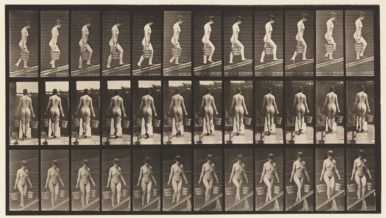 87. tábla. Emelkedő lejtő, mindkét kezében vödör víz alkotó: Eadweard Muybridge