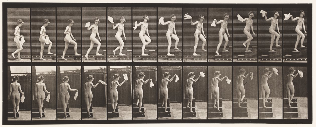 96. tábla. Felmenő lépcsők körülnézve; Integető zsebkendő alkotó: Eadweard Muybridge