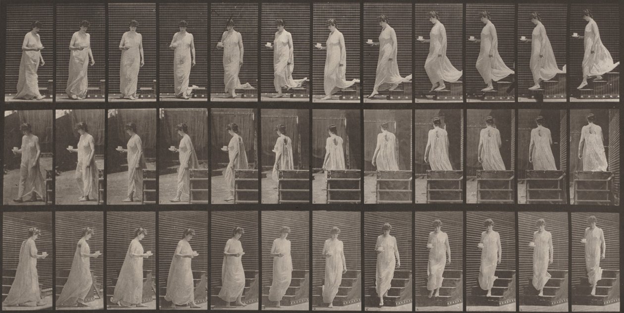 143. tábla. Lépcsőn lefelé haladva, jobb kézben csésze és csészealj alkotó: Eadweard Muybridge