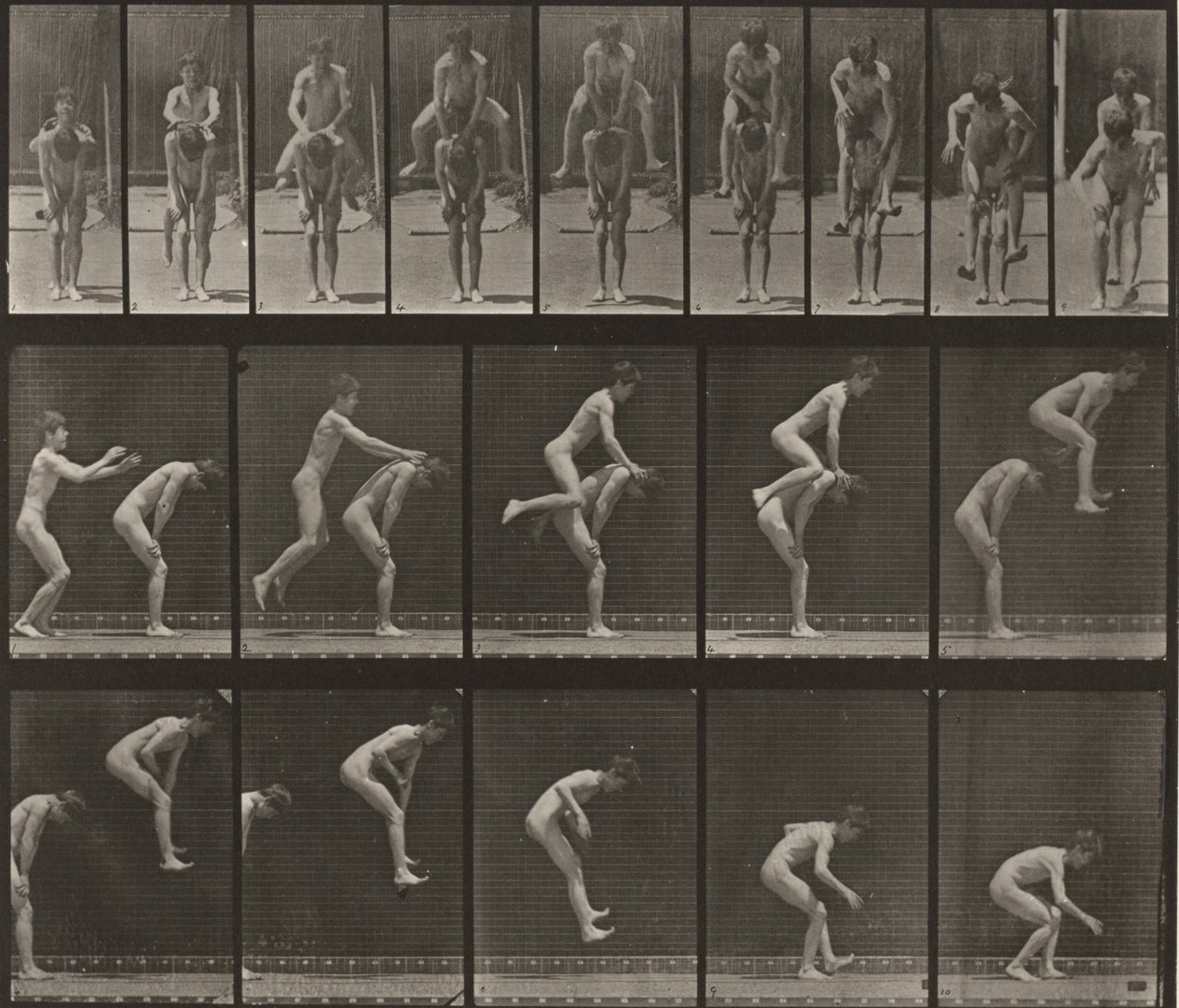 167. tábla. Átugrás egy fiú hátán (bakugrás) alkotó: Eadweard Muybridge