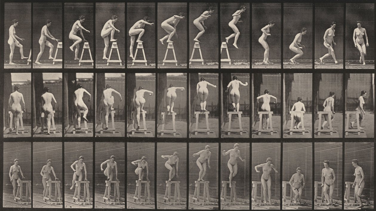 171. tábla. Fellépés egy bakra, leugrás és megfordulás alkotó: Eadweard Muybridge