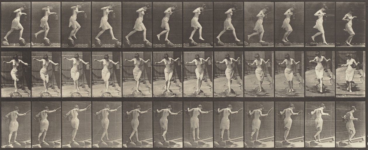 175. tábla. Átkelés patakkövön horgászbottal és kannával alkotó: Eadweard Muybridge