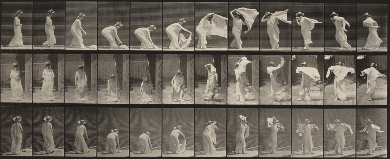 233. számú tábla. A kendő felemelése, vállra helyezése és megfordulás alkotó: Eadweard Muybridge
