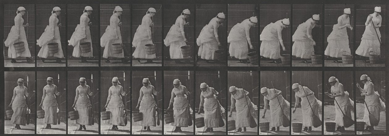 437. számú tábla. Vödör letétele és felkészülés a seprésre alkotó: Eadweard Muybridge