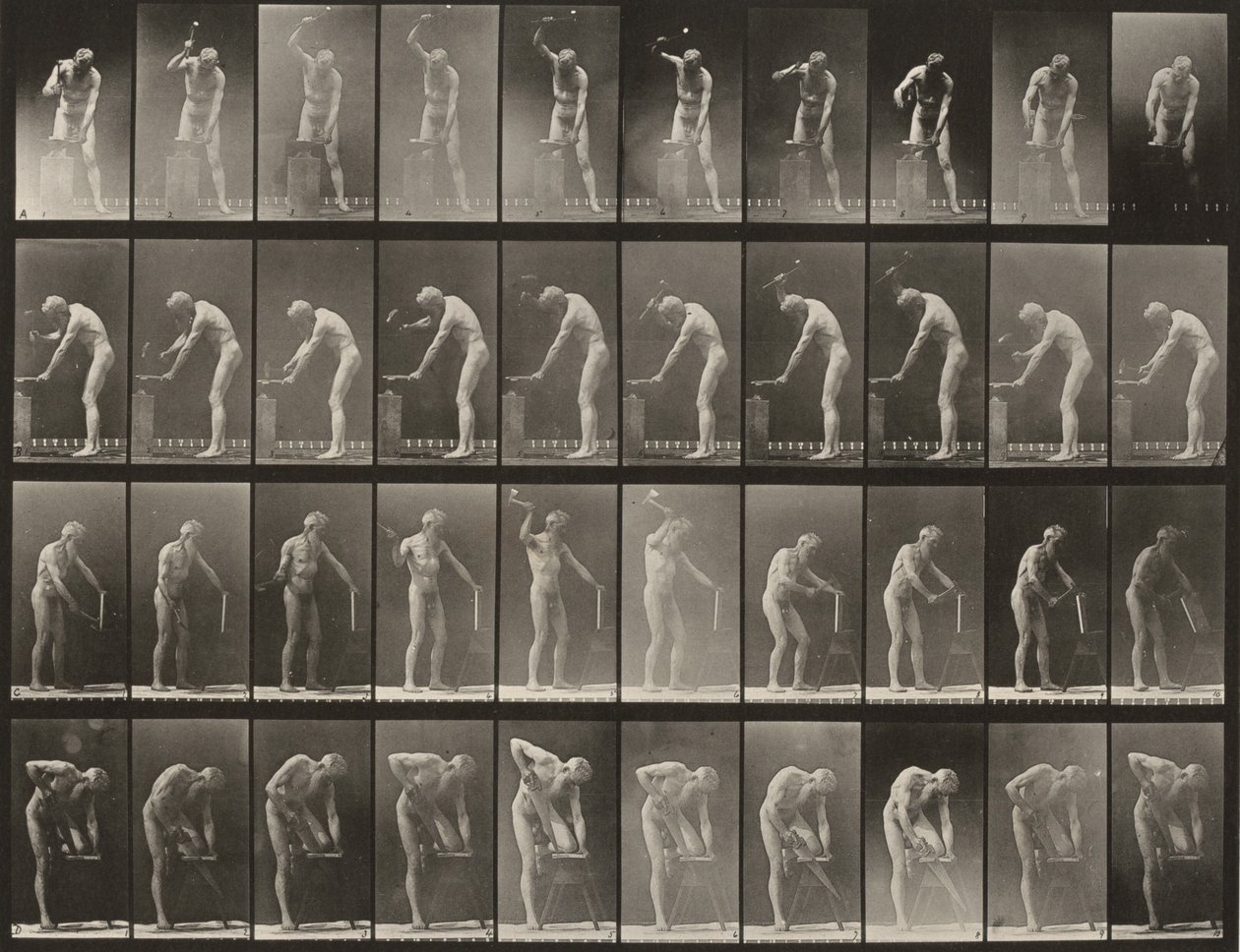 491. számú tábla. A, B: Kalapálás üllőn. C: Fejsze használata. D: Deszka fűrészelése alkotó: Eadweard Muybridge