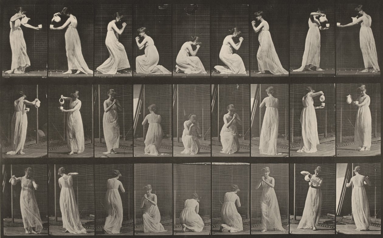 502. tábla. Különféle testhelyzetek, lehajló, térdelő stb. alkotó: Eadweard Muybridge