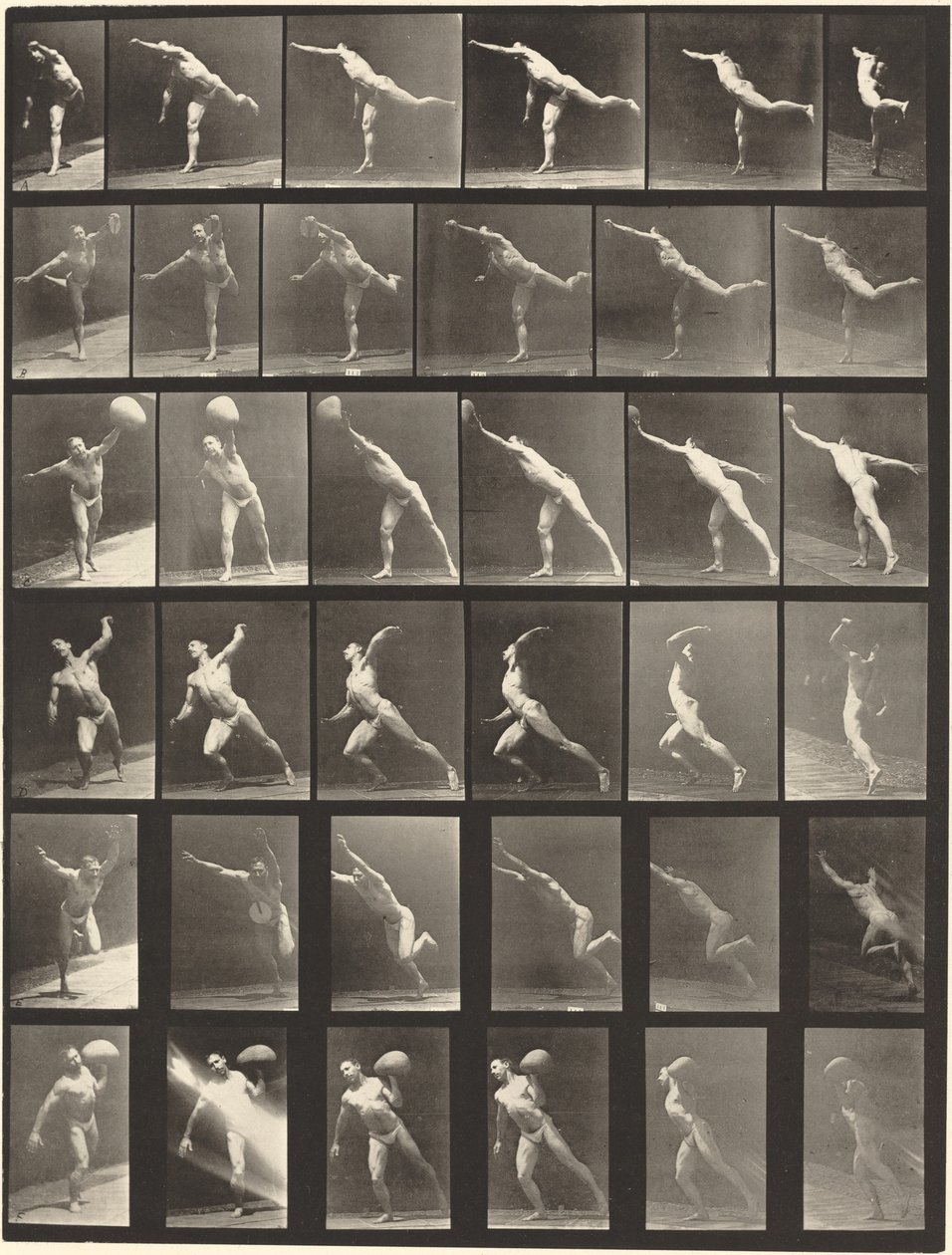 523. táblaszám. A: Ütés. B, E: Dobókorong. C, F: 75 fontot felemelni. kő. D: Labdadobás alkotó: Eadweard Muybridge