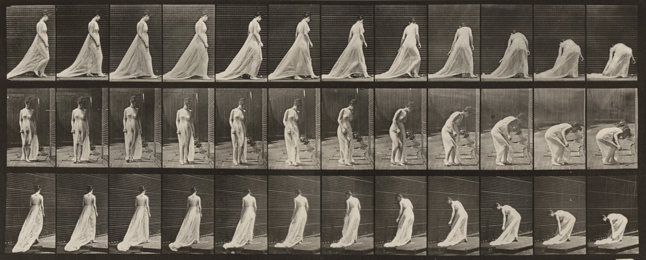 56. ábra. Séta, fordulás és lehajlás a vonat felemeléséhez alkotó: Eadweard Muybridge