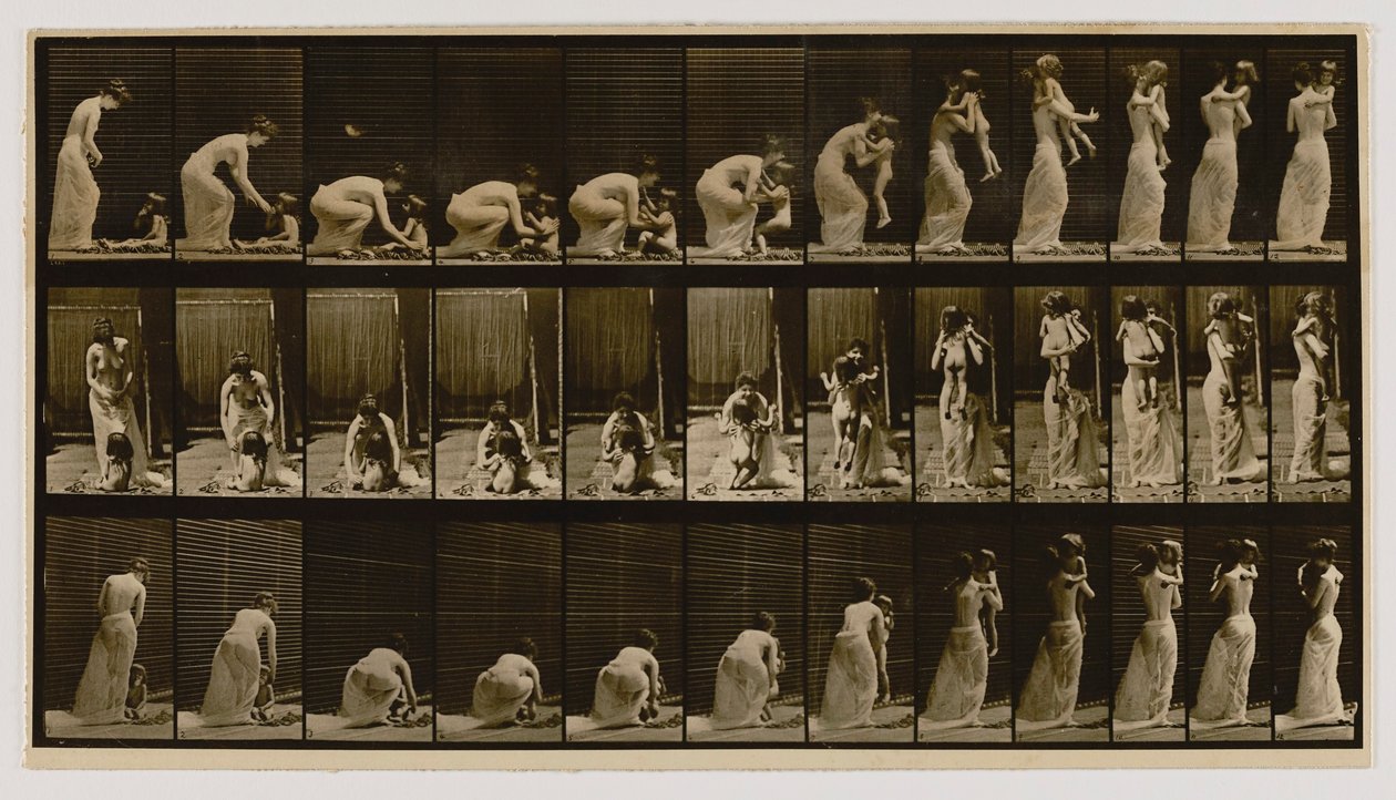 Nő emeli és hordozza gyermekét, az Animal Locomotion című könyvből alkotó: Eadweard Muybridge