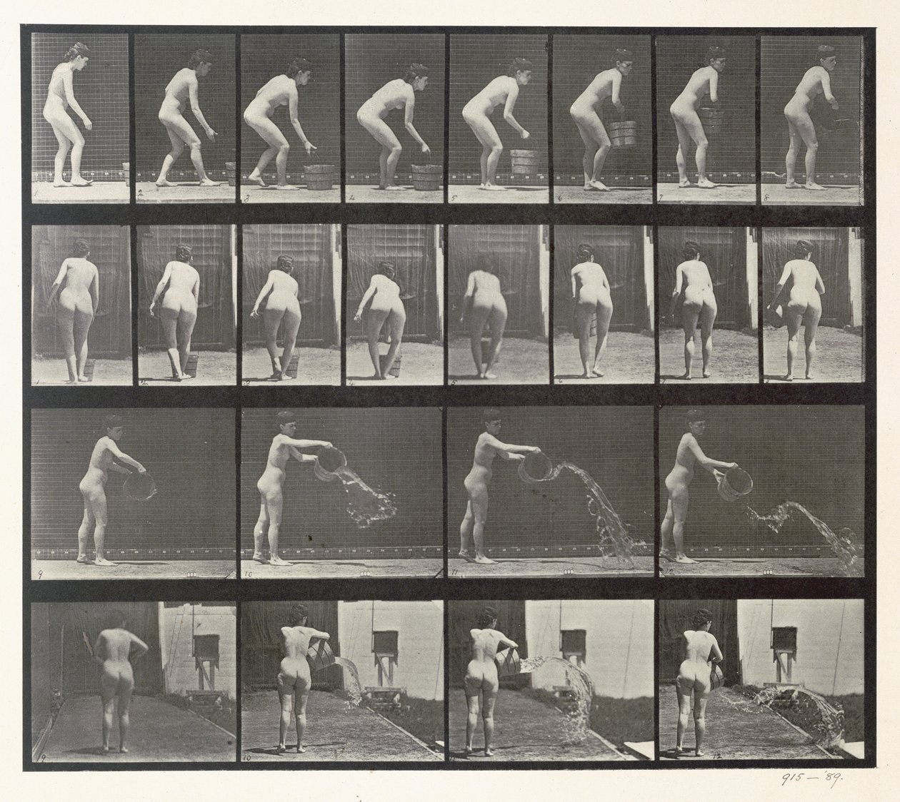 Egy vödör vizet dobáló nő, 401. tábla az "Animal Locomotion"-ból, 1887 alkotó: Eadweard Muybridge