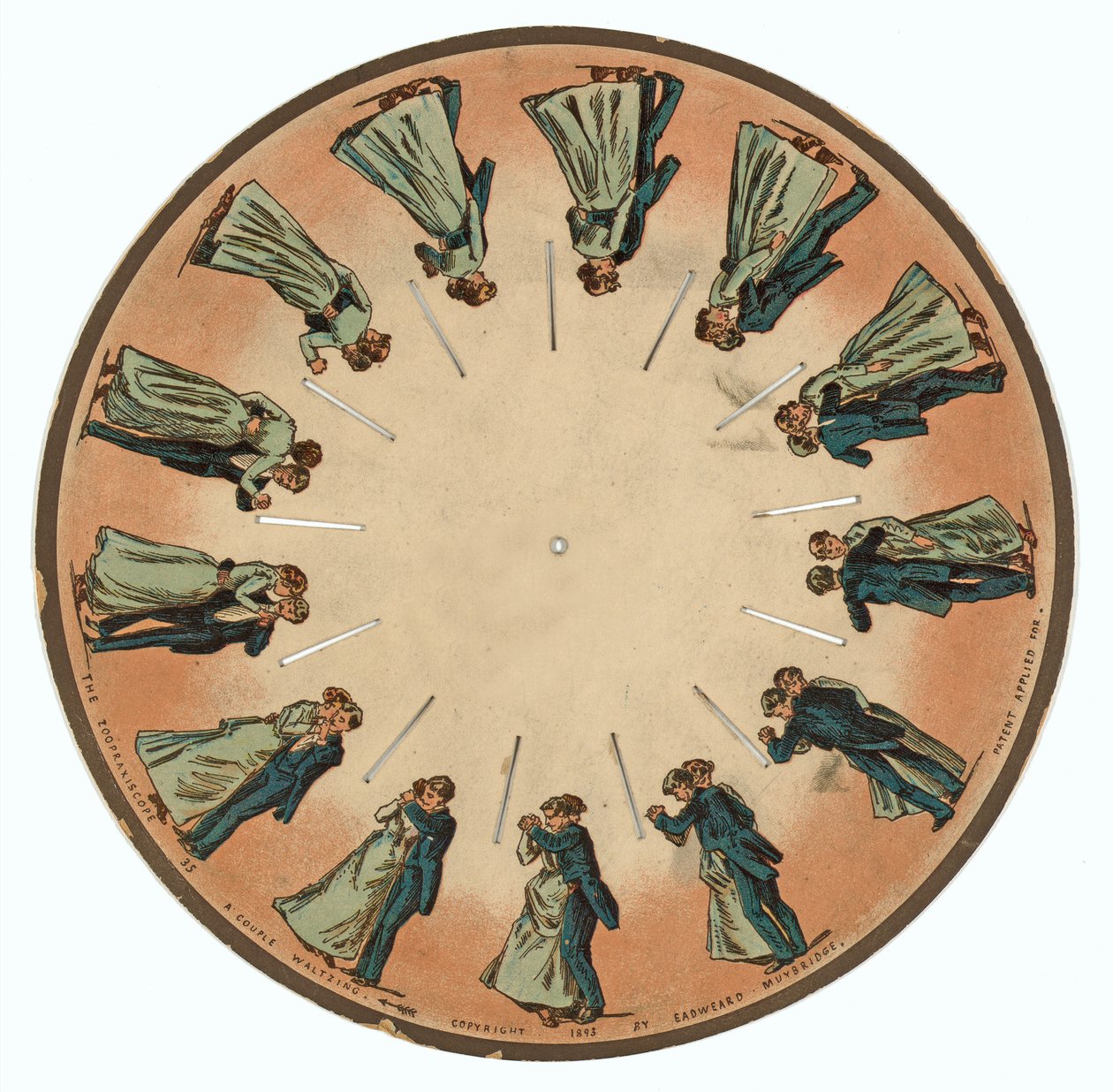 zoopraxiscope lemez, amely egy pár keringőt mutat, 1893 alkotó: Eadweard Muybridge