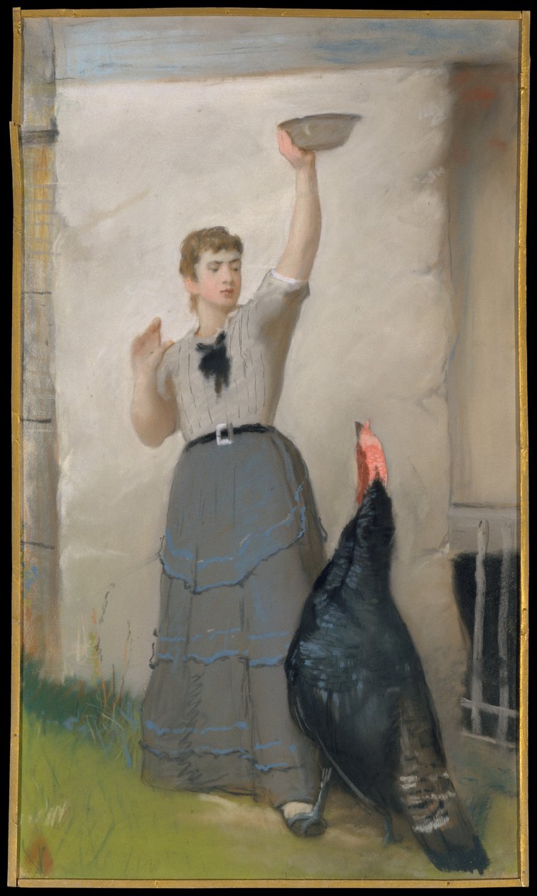 Feeding the Turkey, 1872-80 körül (pasztell szőtt papíron, vászonra rögzítve) alkotó: Eastman Johnson