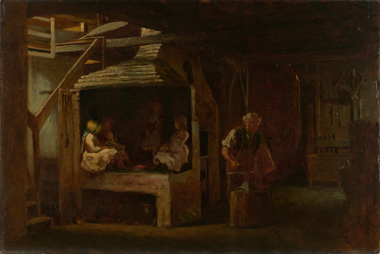 Kovácsműhely (olaj préselt farostlemezre) alkotó: Eastman Johnson