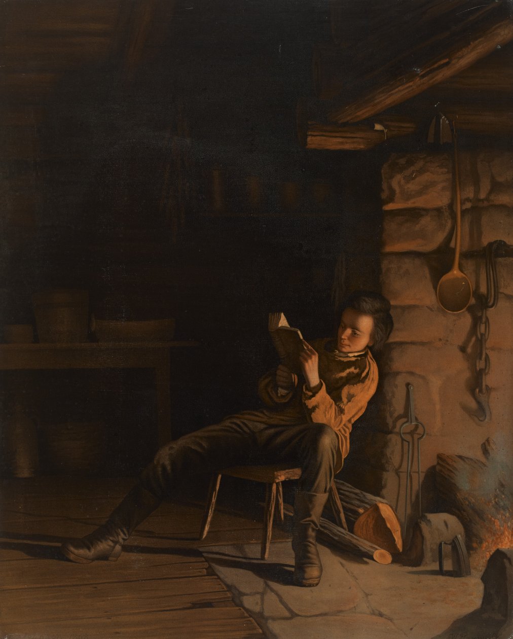 Lincoln gyermekkora. (Egy este a faházban.), 1868 (kromolitográfia papírra, kartonra) alkotó: Eastman Johnson
