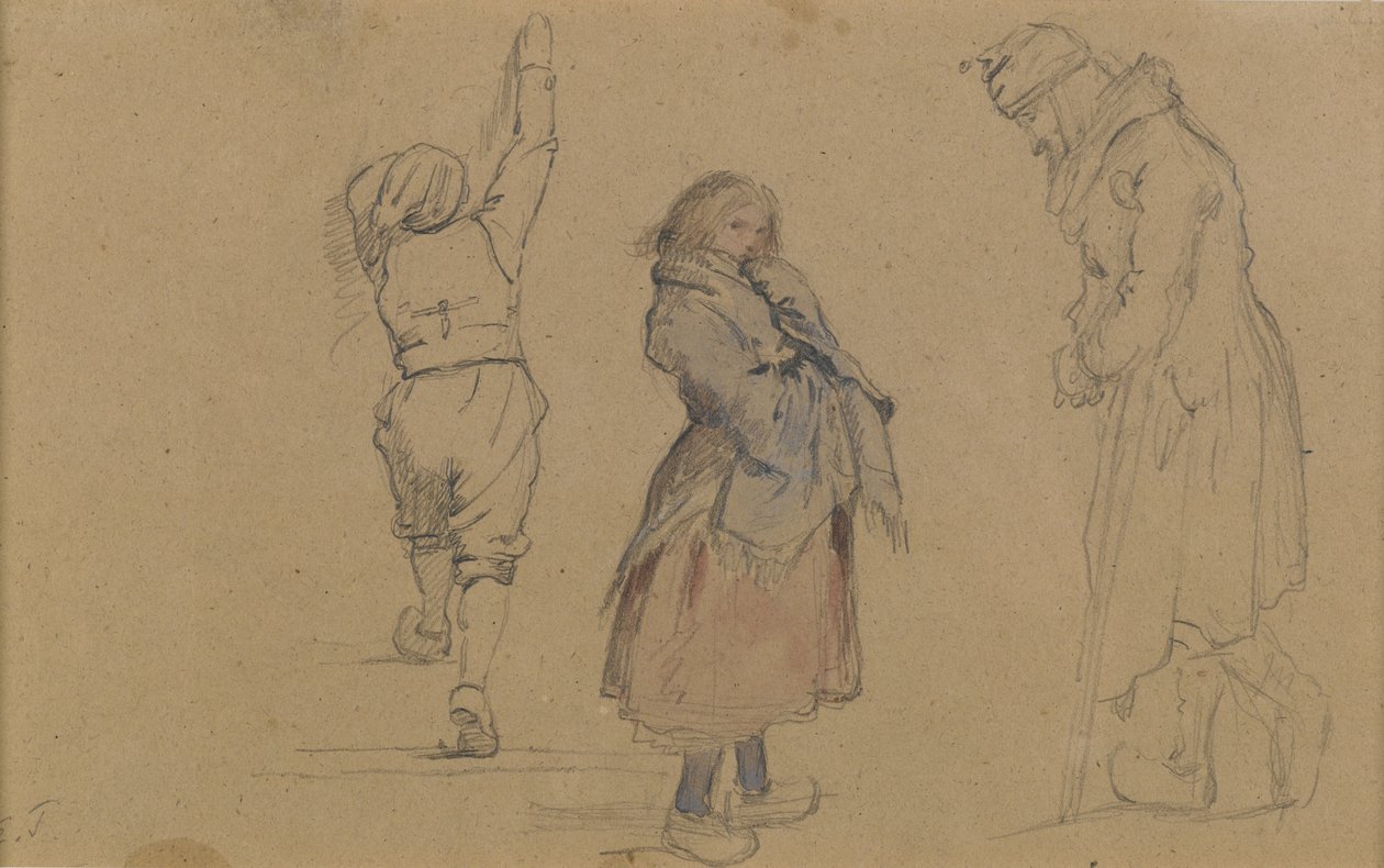 Három holland figura, 1852 körül (grafit, wc és fehér kréta barna papíron) alkotó: Eastman Johnson