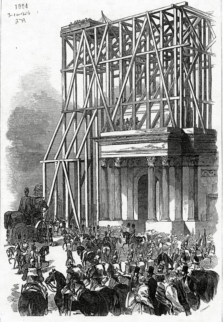A Wellington-szobor érkezése a boltívhez, megjelent a The Illustrated London News-ban, 1846. október 3. alkotó: Ebenezer Landells